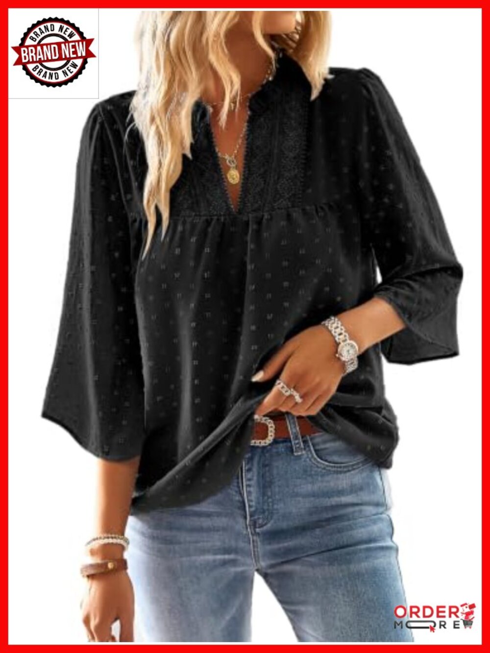 Womens V-Neck Crochet Lace Tunic Top Butterfly 3/4 Sleeve Swiss Dot Blouse